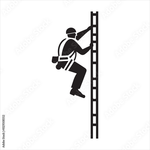 Simple minimalist vector logo of a man in a helmet and harness climbing a ladder, on a white background.