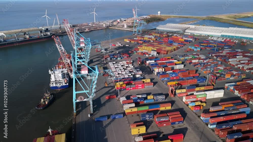 A busy container port in Liverpool with a large cargo ship being loaded.