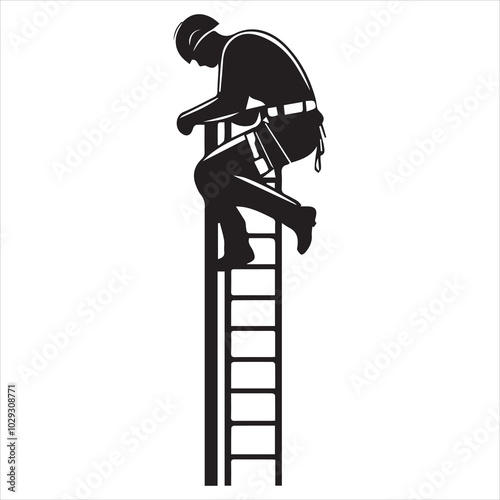 Simple minimalist vector logo of a man in a helmet and harness climbing a ladder, on a white background.