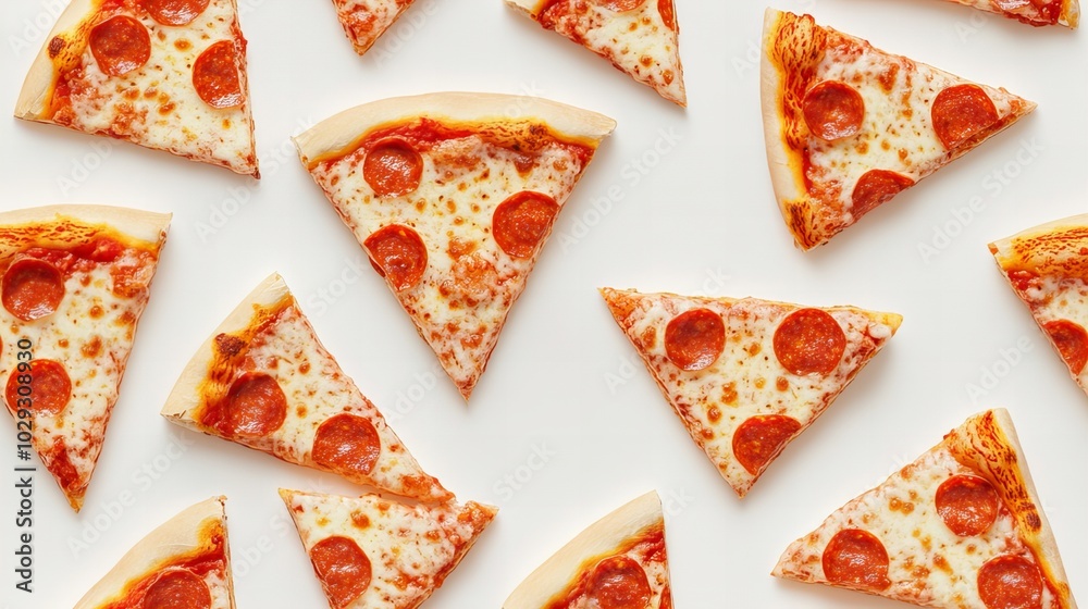 Pepperoni Pizza Slices Pattern: A flat lay of fresh, delicious pepperoni pizza slices arranged in a repeating pattern, perfect for food photography and restaurant marketing. Pepperoni Pizza Slices Pattern: A flat lay of fresh, delicious pepperoni pizza slices arranged in a repeating pattern, perfect for food photography and restaurant marketing.