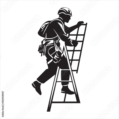 Simple minimalist vector logo of a man in a helmet and harness climbing a ladder, on a white background.