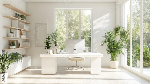 Bright and modern home office with large windows, greenery, and minimalist decor, promoting creativity and productivity.