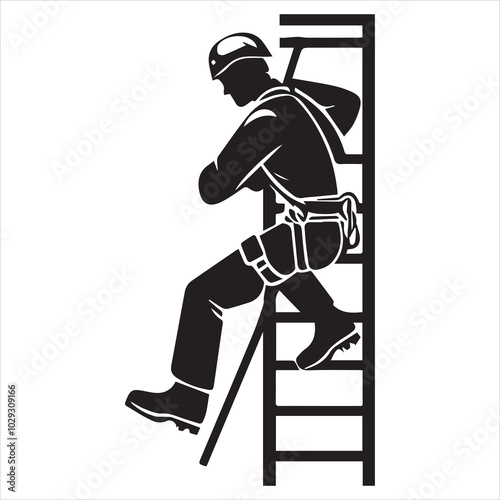 Simple minimalist vector logo of a man in a helmet and harness climbing a ladder, on a white background.