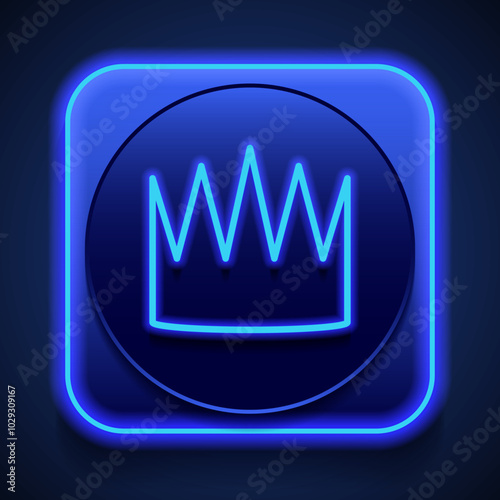 Crown simple icon. Flat design. Blue neon style on button. With shadow