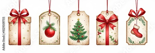 Festive and beautiful set of watercolor Christmas gift tags with holiday motifs isolated on white background