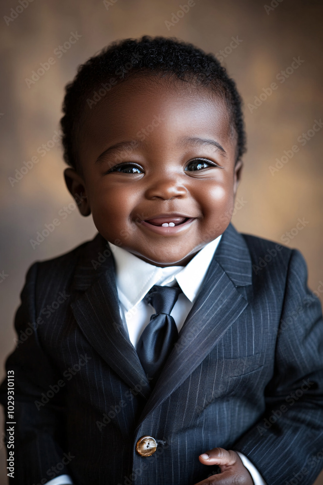 A professional studio portrait of a smiling baby dressed in a business suit, combining the charm of childhood with the formality of corporate attire. A professional studio portrait of a smiling baby dressed in a business suit, combining the charm of childhood with the formality of corporate attire.
