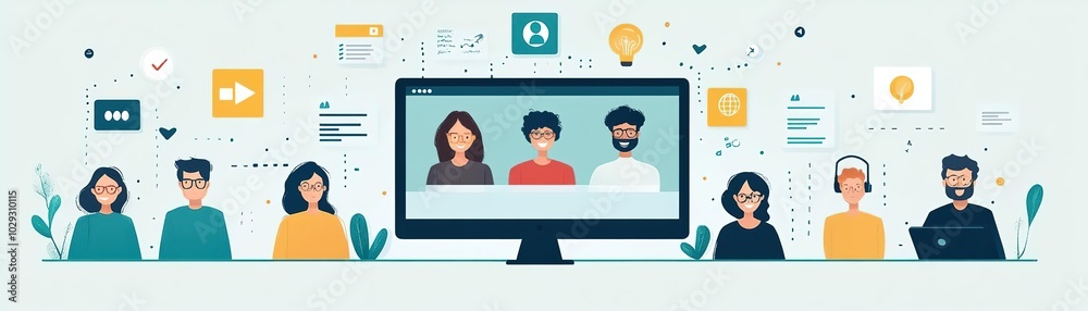 A digital meeting scene showing diverse individuals on a screen, symbolizing online collaboration in a modern workspace. A digital meeting scene showing diverse individuals on a screen, symbolizing online collaboration in a modern workspace.