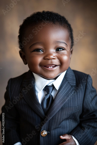 A professional studio portrait of a smiling baby dressed in a business suit, combining the charm of childhood with the formality of corporate attire. 