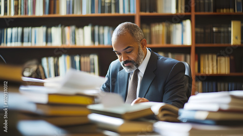 A professional lawyer consulting with clients in a modern office filled with books and documents. photo