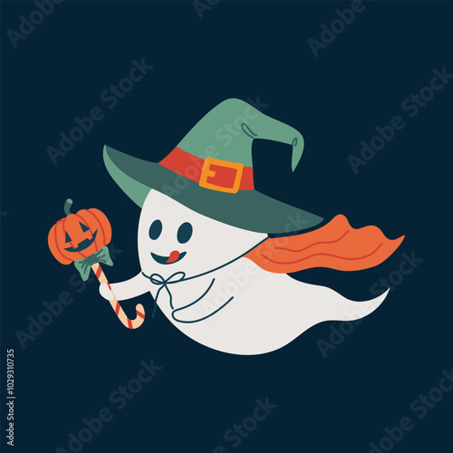 Cute ghost in a witch's hat and cloak flies with a pumpkin lollipop. Creepy candy. Mystical spirit on Halloween night, autumn holiday. Isolated vector illustration