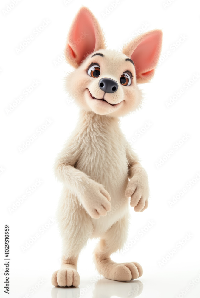 An animated dog character with floppy ears and fluffy fur stands upright, displaying a joyful grin. The bright, white background highlights its playful demeanor An animated dog character with floppy ears and fluffy fur stands upright, displaying a joyful grin. The bright, white background highlights its playful demeanor