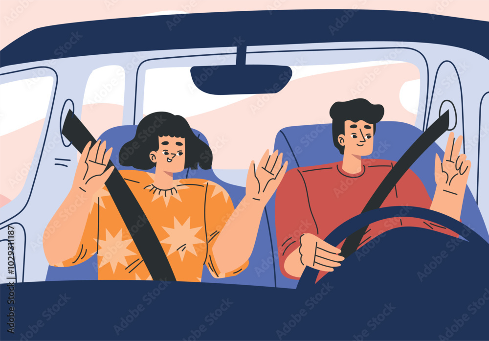 Man and Woman Character in Car Driving Enjoy Road Trip Vector Illustration Man and Woman Character in Car Driving Enjoy Road Trip Vector Illustration