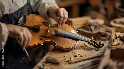 A professional violin maker crafting a violin in a workshop filled with wood and tools. photo