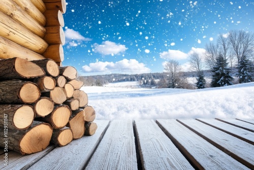 A log cabin porch with a wood stack, a winter landscape with snow-covered ground and trees in the background.