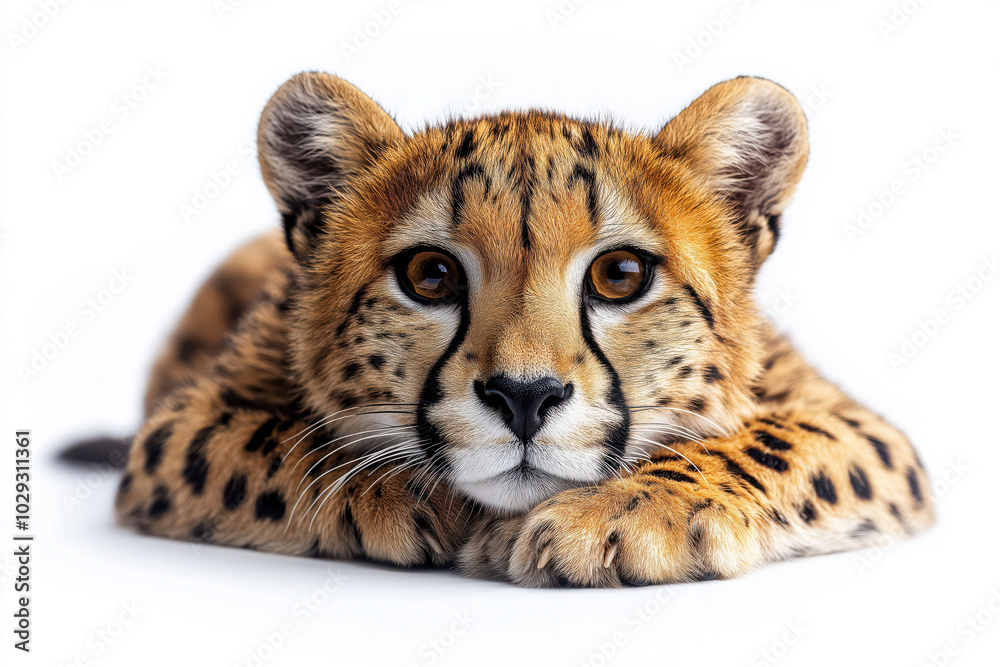 Cheetah cub resting on white background in high-quality stock photography Cheetah cub resting on white background in high-quality stock photography