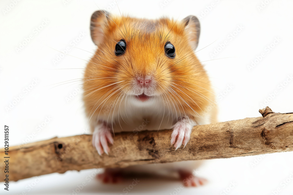 Adorable hamster posing on branch with curious expression and fluffy fur against white background Adorable hamster posing on branch with curious expression and fluffy fur against white background