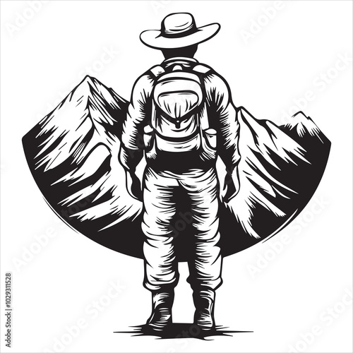 Silhouette of Hiker with Backpack in Mountain Forest Landscape.