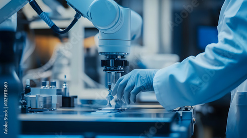 A robotics engineer assembling a complex machine in a high-tech laboratory.