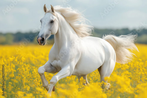 Majestic white horse galloping through vibrant yellow field