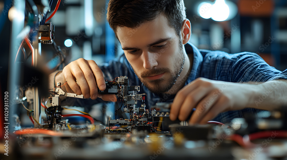 A robotics engineer assembling a complex machine in a high-tech laboratory. A robotics engineer assembling a complex machine in a high-tech laboratory.