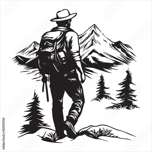 Silhouette of Hiker with Backpack in Mountain Forest Landscape.