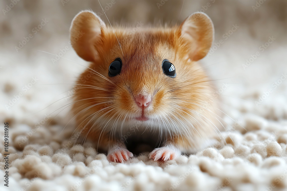 Adorable golden hamster on fluffy carpet: cozy and cute stock photography Adorable golden hamster on fluffy carpet: cozy and cute stock photography