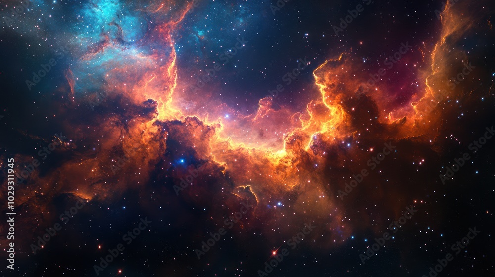 Fototapeta premium A vibrant nebula with streaks of orange and blue light against a dark starry sky.