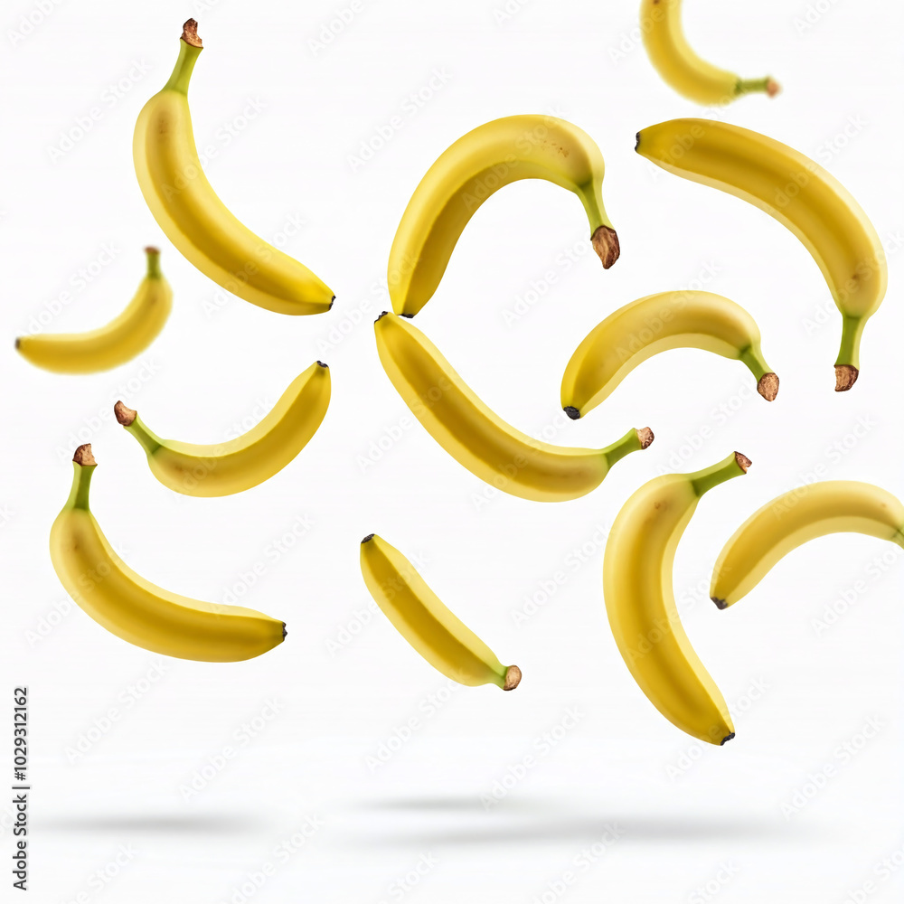 yellow bananas falling on white background