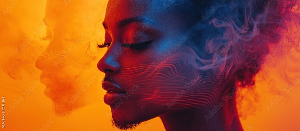 A vibrant portrait blending human features with abstract elements and colors. A vibrant portrait blending human features with abstract elements and colors.