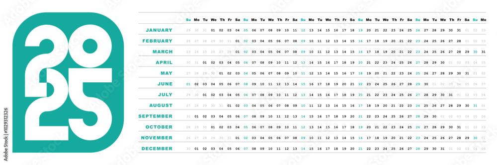 2025 calendar horizontal blue green design 2025 calendar horizontal blue green design