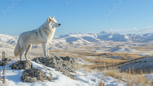 Under a clear blue sky, a lone white wolf stands atop a snow-covered, rocky slope with a view of a huge, tranquil mountain range.