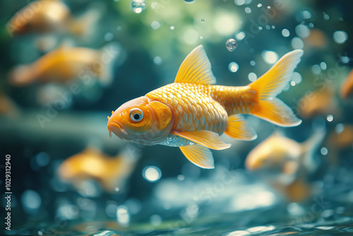 Close-up of a vibrant goldfish swimming gracefully in a serene aquarium setting