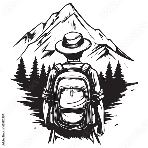 Silhouette of Hiker with Backpack in Mountain Forest Landscape.