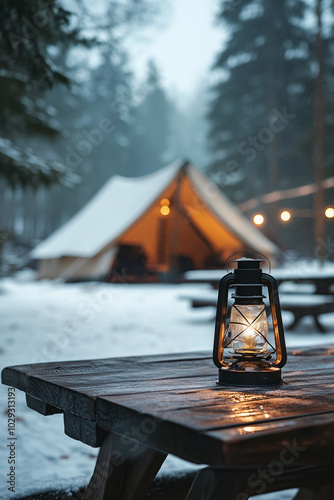 Camping acetylene lantern on wooden table with blurred background in camping area at natural parkland. Camping at winter.