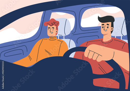 Man Character in Car Driving Enjoy Road Trip Vector Illustration