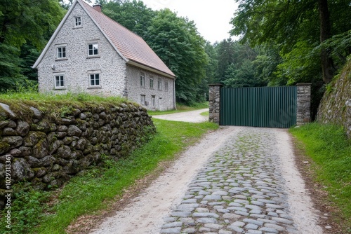 Modern Aluminum Sliding Gate with Horizontal Slats by Old Stone Wall