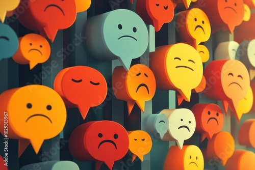 Dynamic social media interface filled with happy and sad face emojis, likes, and comments, set in a sleek minimalistic style