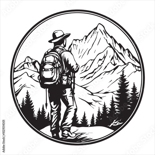 Silhouette of Hiker with Backpack in Mountain Forest Landscape.