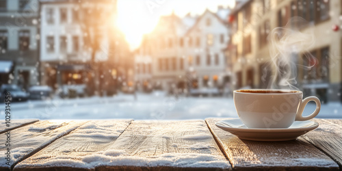 Fototapeta Naklejka Na Ścianę i Meble -  Steaming hot cup of coffee on wooden table in beautiful snow covered typical European town. Sunny cold day on winter time.
