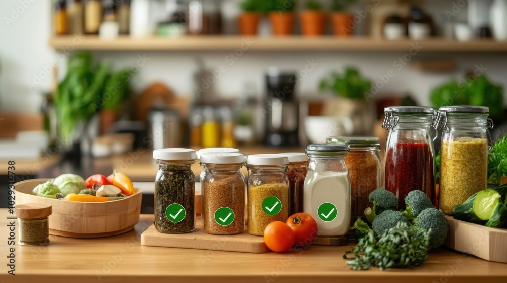 organic food products, each with a green tick mark for quality assurance organic food products, each with a green tick mark for quality assurance