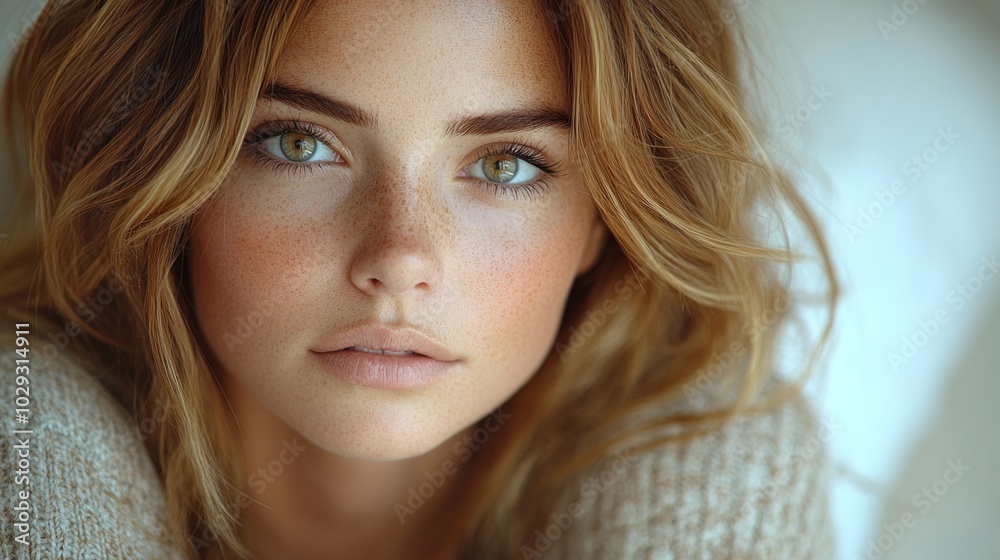 The woman gazes softly with captivating green eyes and tousled hair, radiating charm The woman gazes softly with captivating green eyes and tousled hair, radiating charm