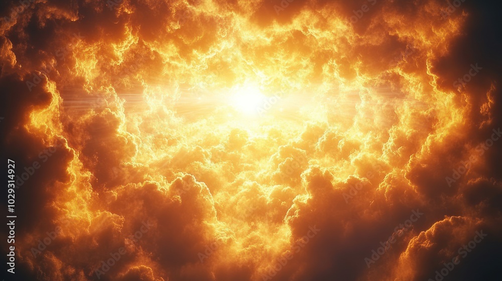 Fototapeta premium Golden rays burst through dark clouds, creating a stunning view at sunrise