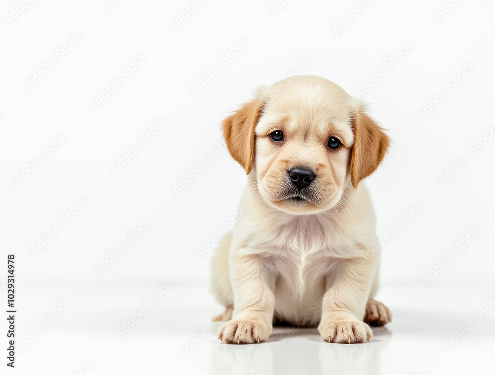 A young Labrador retriever puppy with a soft, cream-colored coat sits on a pristine white surface, gazing curiously at the viewer with its big, expressive eyes A young Labrador retriever puppy with a soft, cream-colored coat sits on a pristine white surface, gazing curiously at the viewer with its big, expressive eyes