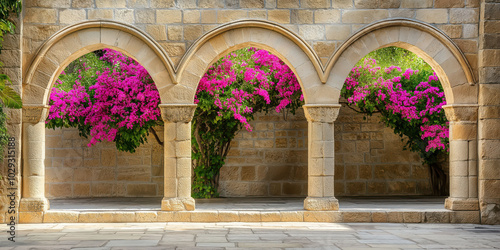 Historic stone arches framing vibrant pink bougainvillea in a sunlit courtyard