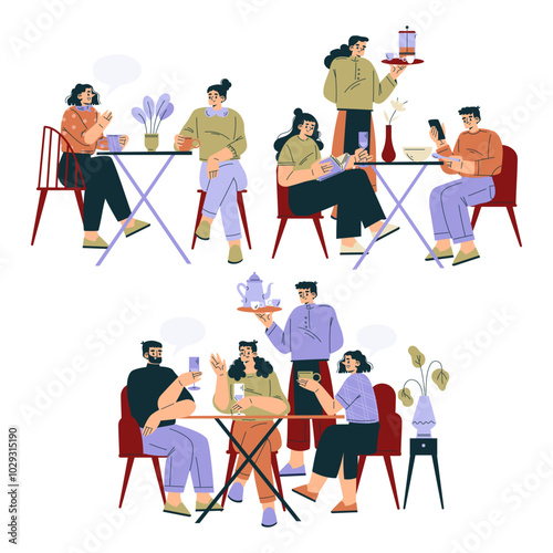 People in the Cafe Sit at Table Enjoy Drink and Communicate Vector Set