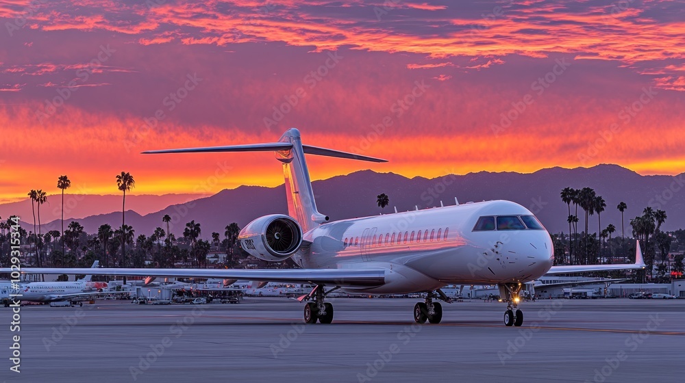 Private Jet Taxiing on Runway at Sunset with Mountains and Palm Trees in Background Private Jet Taxiing on Runway at Sunset with Mountains and Palm Trees in Background