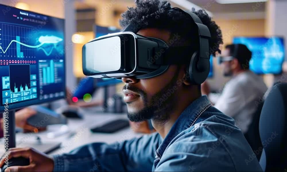 Young man wearing virtual reality headset in a modern tech office with data visuals on screens Young man wearing virtual reality headset in a modern tech office with data visuals on screens