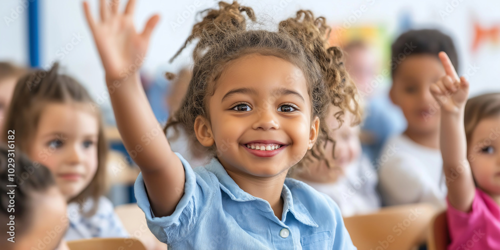 A group of happy children sitting at desks in an elementary school classroom, raising their hands and rushing for the teacher's attention. A group of happy children sitting at desks in an elementary school classroom, raising their hands and rushing for the teacher's attention.
