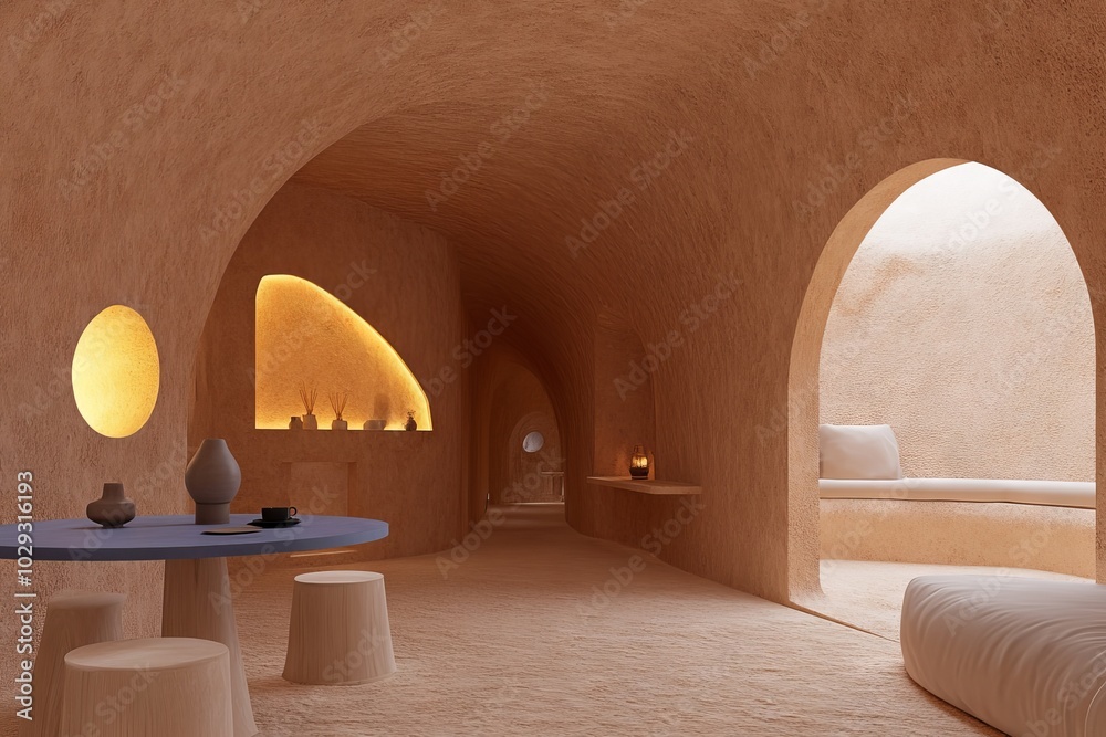 Minimalist Modern Dining Area with Arched Wall and Blue Table Minimalist Modern Dining Area with Arched Wall and Blue Table