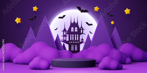 3d Halloween podium stage with Dracula castle and mountains, bats flying against a full moon backdrop, purple clouds and stars twinkling. Vector spooky platform for Halloween celebrations and events